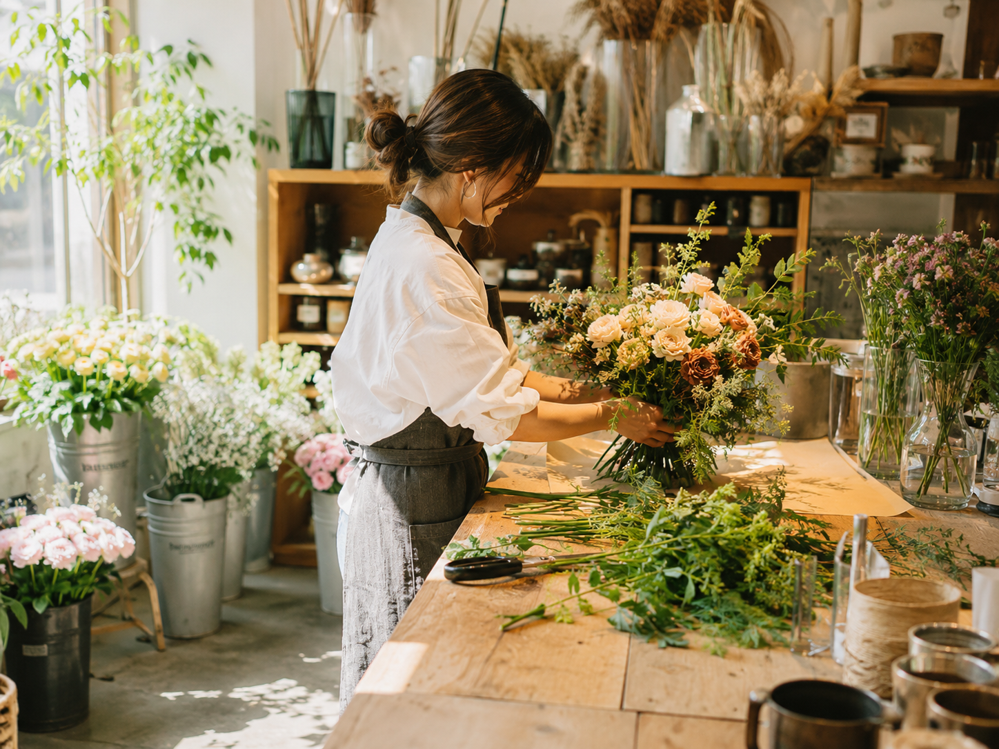花に囲まれた店内と制作風景