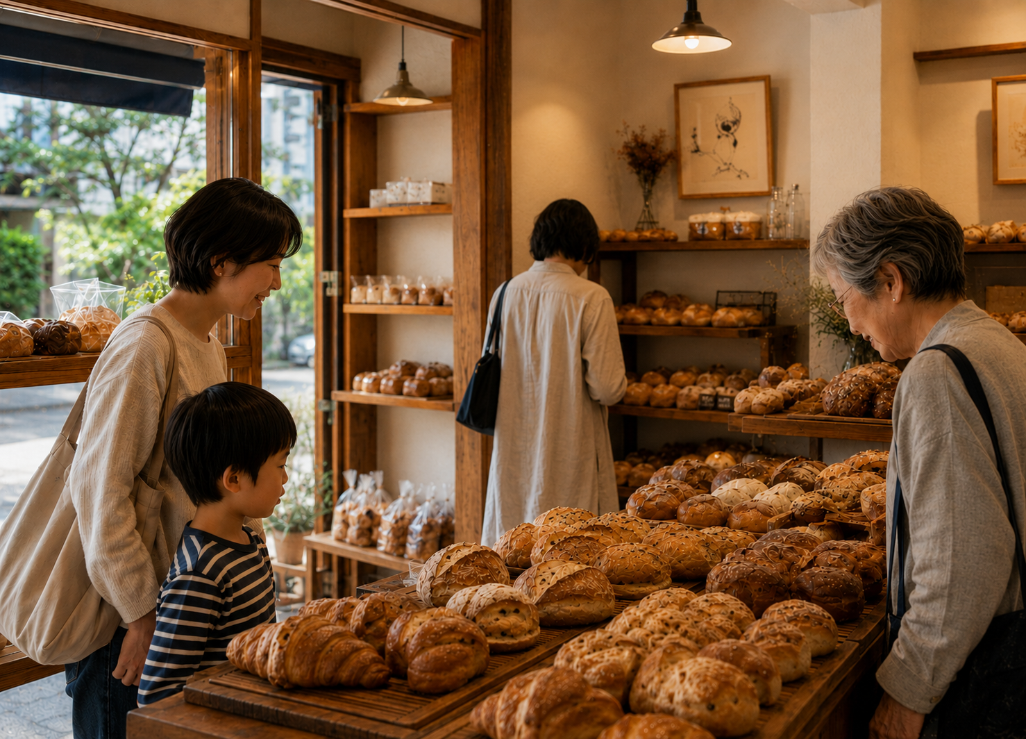 地域のお客さまが訪れるパン屋の店内