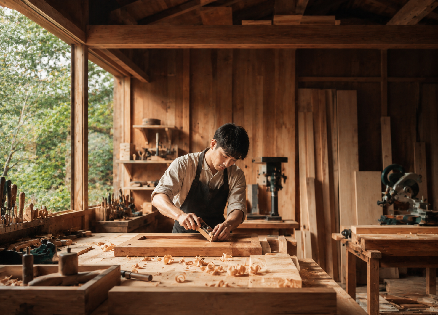工房内で木工作業をする職人